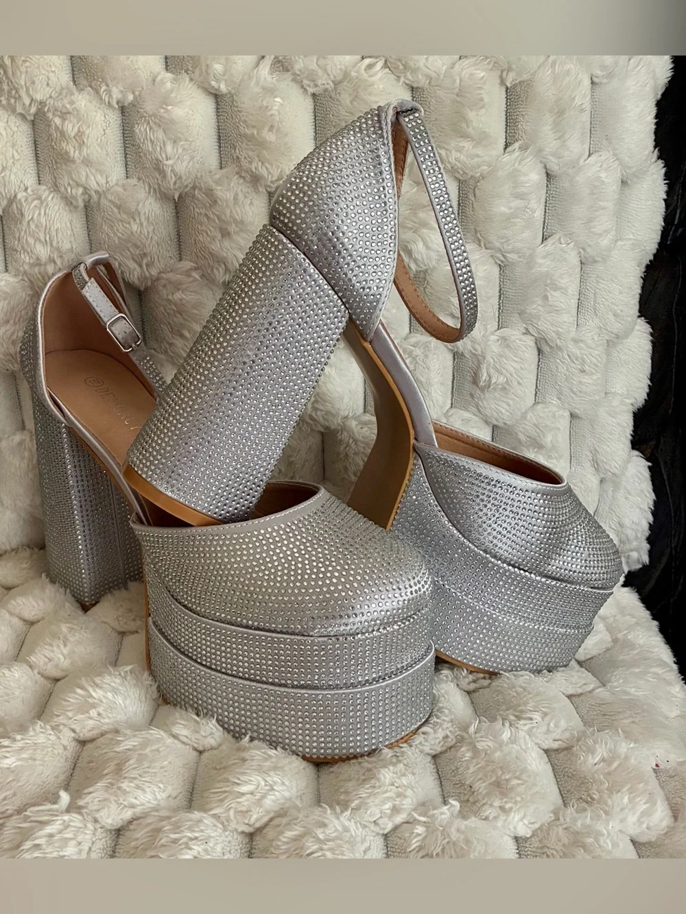 Silver Rhinestone Platform Block Heels with Ankle Strap